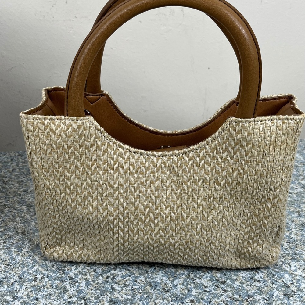 Fossil Handbag Tote Bag Womens Small Tan Straw Woven Leather Trim Magnetic Snap